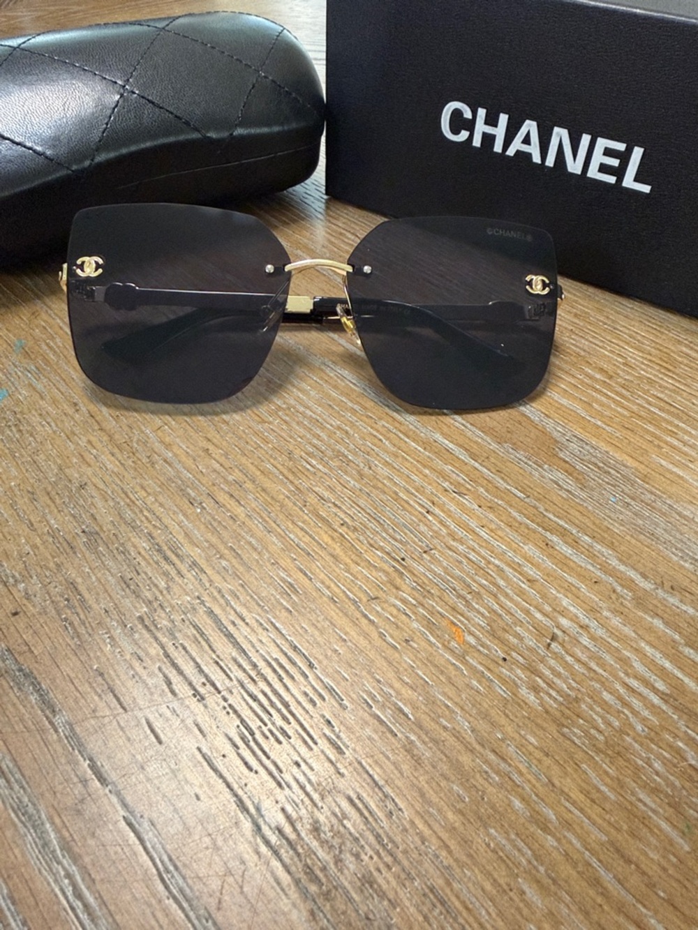 Chanel Black and Gold Square Rimless Sunglasses - Picture 4 of 10